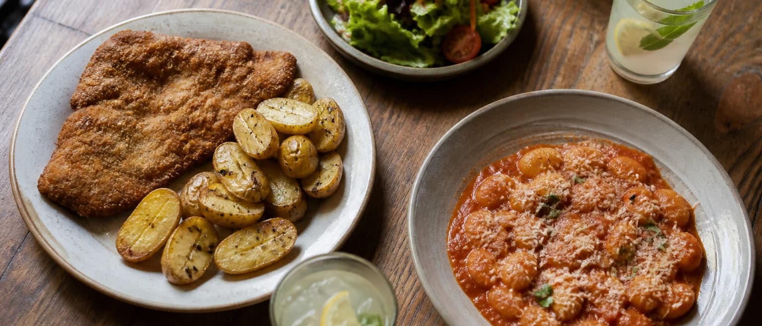 A row of finished dishes ready for service