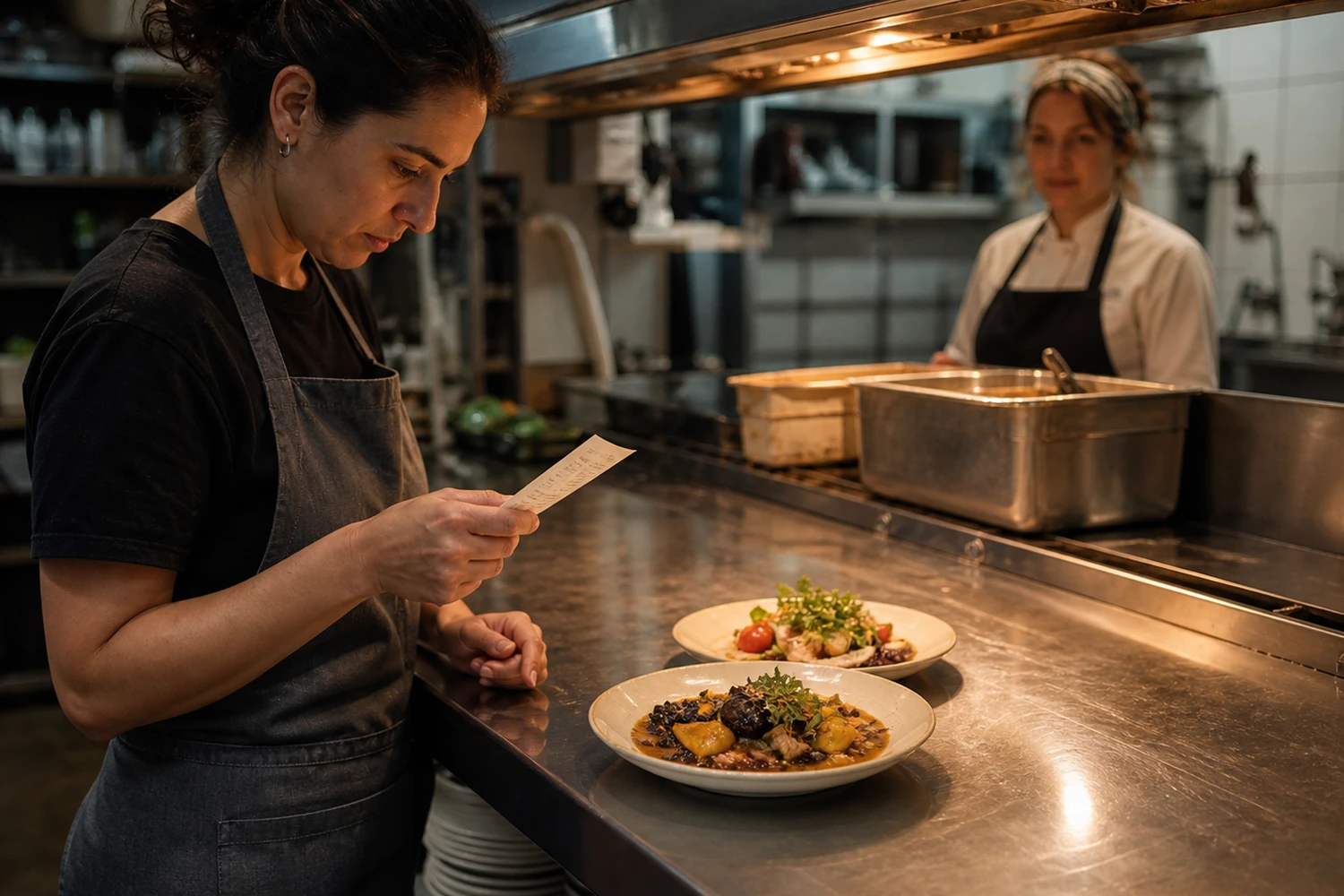 Kitchen pass with a paper ticket and finished plates
